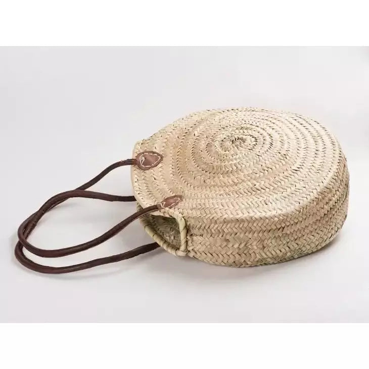 Round Wicker Basket Double Leather Handle Wicker Basket 